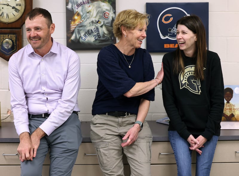 Whitney Wheeler, (right) a third grade teacher,  who all work at South Prairie Elementary School in Sycamore, talk Friday, April, 11, 2025, at the school, about the benefits and enjoyment that comes from working together in the same building.