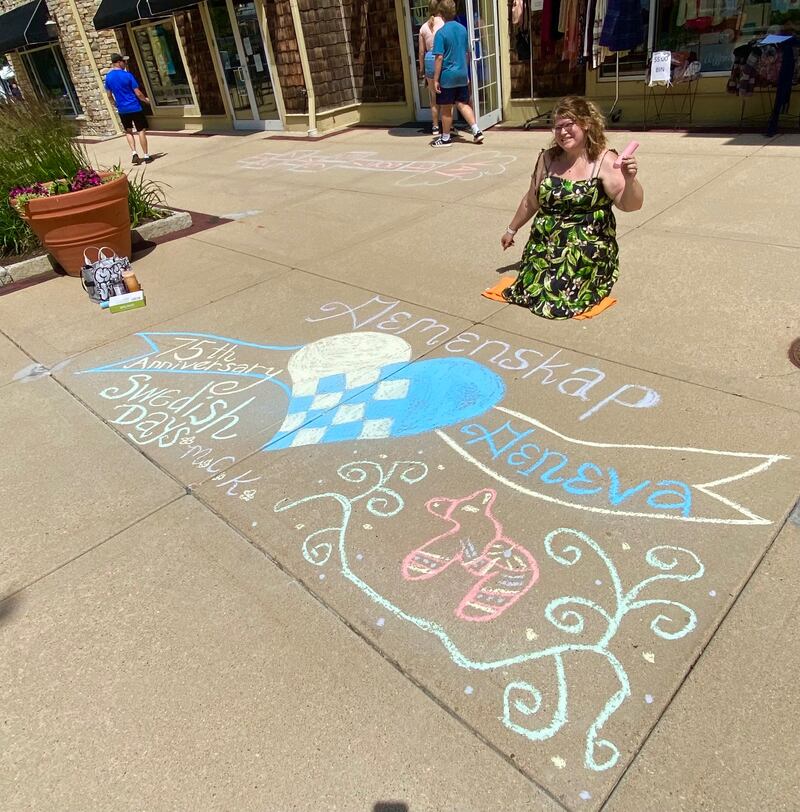 Kristen Cornelio, owner of Kristen Holly LLC, a social media and marketing company, created chalk art for the 75th anniversary of Swedish Days. The design was intended for a chalk art contest with a $250 prize. Though the contest was canceled, Cornelio went ahead and created the art anyway.