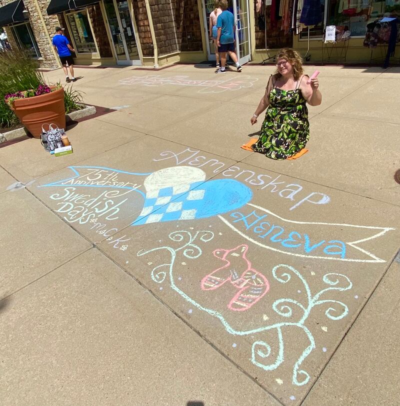 Kristen Cornelio, owner of Kristen Holly LLC, a social media and marketing company, created chalk art for the 75th anniversary of Swedish Days. The design was intended for a chalk art contest with a $250 prize. Though the contest was canceled, Cornelio went ahead and created the art anyway.
