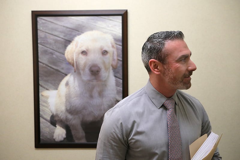 McHenry County Sheriff Robb Tadelman waits in line at the county clerk's office on Monday, Oct. 27, 2025, to file his paperwork to run for reelection in the Spring 2026 primary.