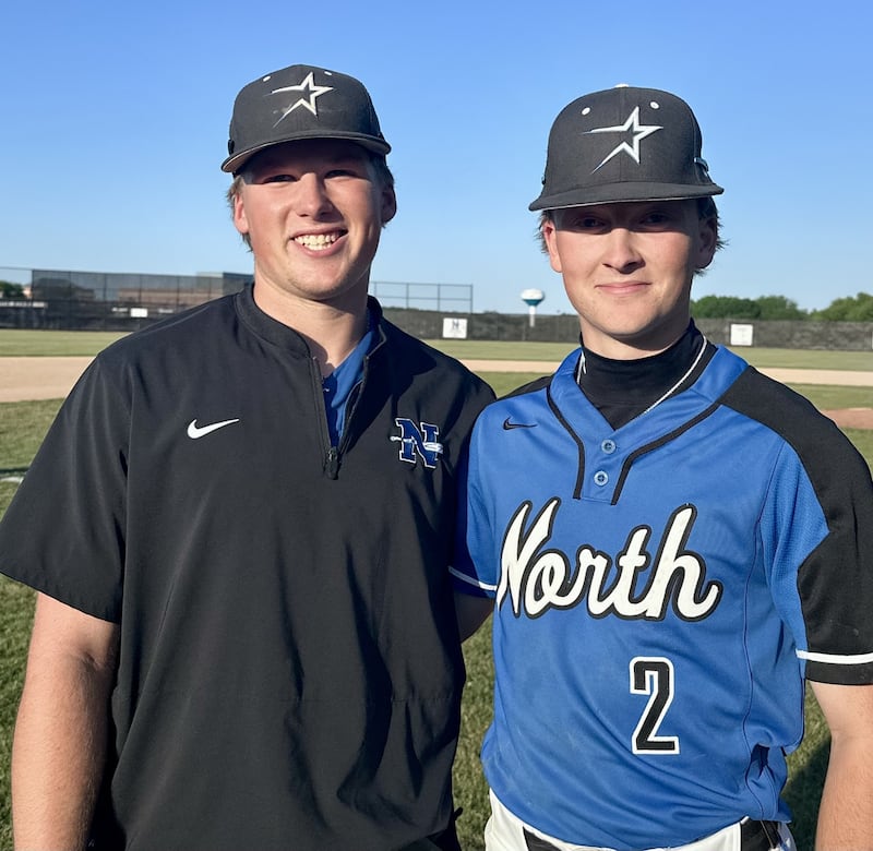 St. Charles North's Landon Paul (left) and Ben Auer (right) combined to strike out 10 batters and hold Dundee-Crown to two hits in a 3-1 victory over the Chargers in Class 4A regional baseball semifinal play Wednesday.