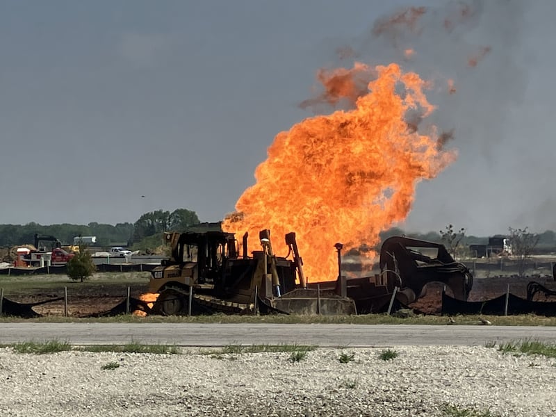 A ruptured gas line fueled a construction equipment fire Friday, June 6, 2025, near Wolf Road and Fifth Street in Oswego.