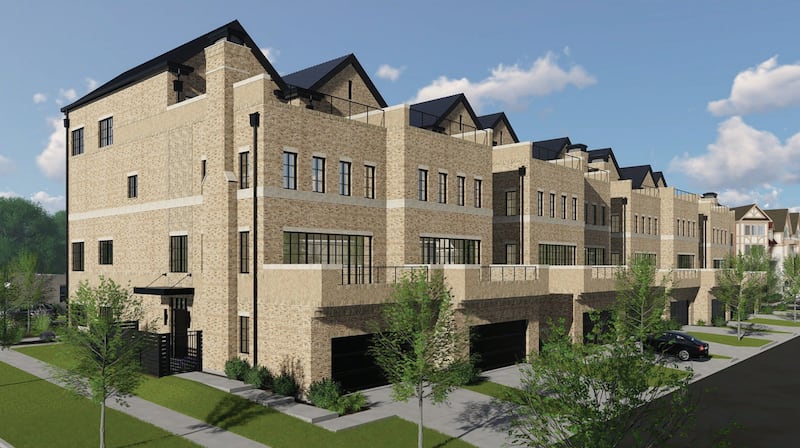 Renderings of  the proposed River 504 Townhomes development at the northeast corner of S. First and Prairie Streets in downtown St. Charles. View of rear access from Limestone Drive (looking northwest).