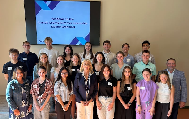 Interns pose at the kickoff breakfast for the 2026 Grundy County Summer Internship Program, which placed 27 students at local employers.