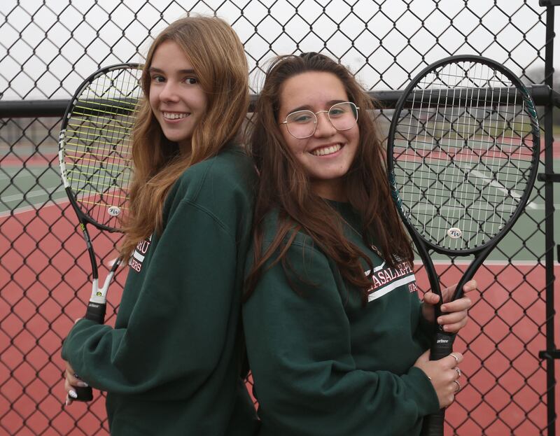 L-P number one doubles team of Dagny Greer and Julia Garcia pose for a photo on Monday, Nov. 24, 2025 at the L-P Athletic Complex in La Salle. The pair are the 2025 NewsTribune girls tennis players of the year.
