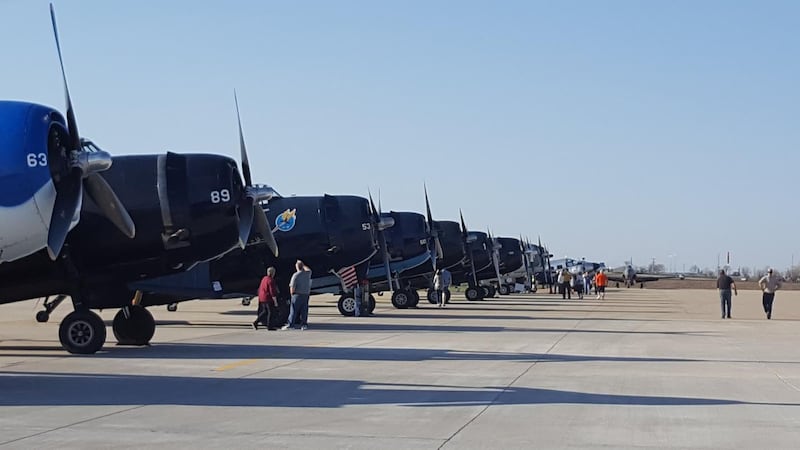 A lineup of TBM aircrafts during the first TBM Reunion on April 18, 2016 at the Illinois Valley Regional Airport in Peru. The TBM air show is the largest event at the airport and has grown into one of the biggest events in the Illinois Valley region.