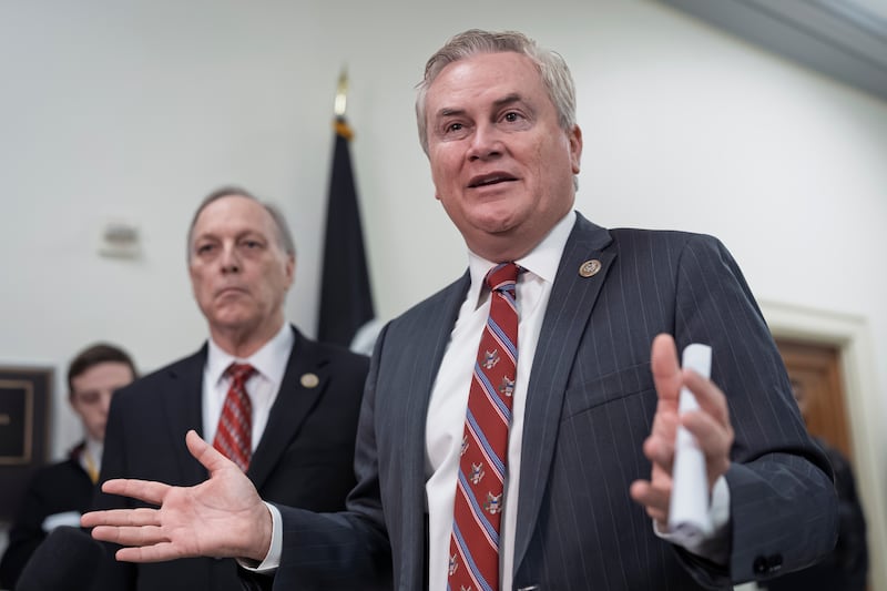 House Oversight Committee Chairman James Comer, R-Ky., joined at left by Rep. Andy Biggs, R-Ariz., speaks to reporters after a closed-door deposition with Ghislaine Maxwell, the former girlfriend and confidante of sex trafficker Jeffrey Epstein, at the Capitol in Washington, Monday, Feb. 9, 2026. (AP Photo/J. Scott Applewhite)