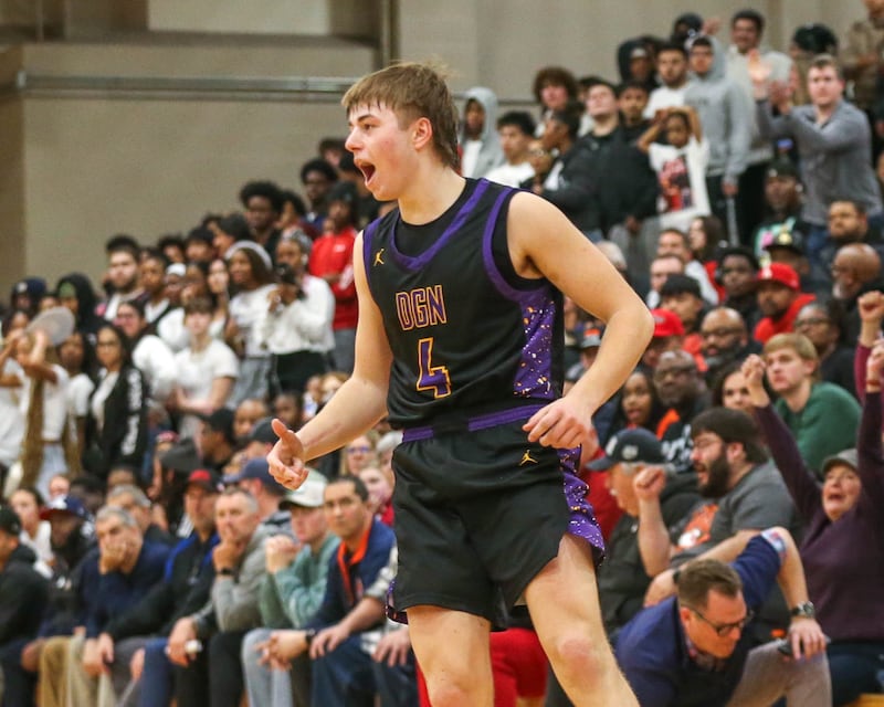 Downers Grove North's Jack Richtman (4) reacts after making a three point shot during their Class 4A Bolingbrook Sectional semifinal basketball game between Downers Grove North at Bolingbook. March 4, 2025 in Lisle.