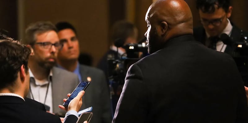 State Sen. Elgie Sims, a Chicago Democrat and the Senate’s lead budget negotiator, briefs reporters on the state budget Friday evening.