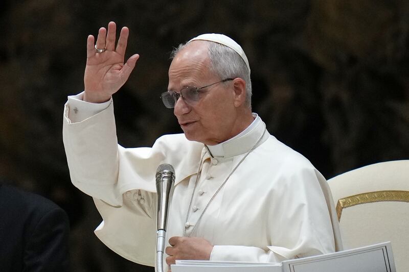 Pope Leo XIV holds his weekly general audience in the Paul VI Hall at the Vatican, Wednesday, Jan. 7, 2026. (AP Photo/Alessandra Tarantino)