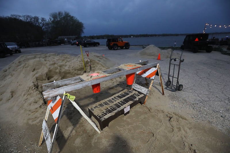 A sandbagging station near Bru Crew Bar and Grill on Friday, April 17, 2026, in Johnsburg. The weather service has issued a flood warning until further notice for the Fox River, stretching from Johnsburg to St. Charles, including McHenry, Lake and Kane counties.