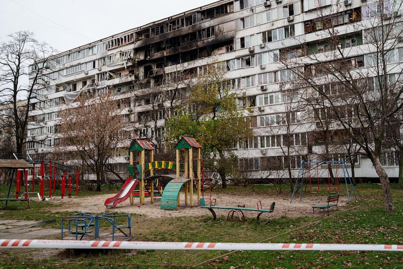 A residential building is seen heavily damaged after a Russian strike on Kyiv, Ukraine, on Tuesday, Nov. 25, 2025. (AP Photo/Evgeniy Maloletka)