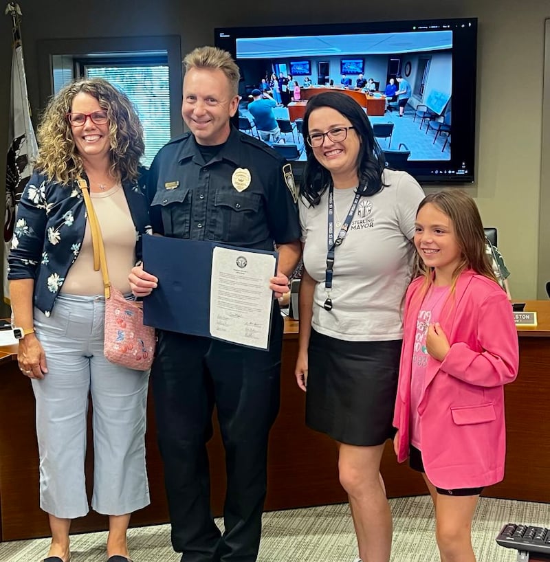 The City of Sterling bid farewell to retiring Sterling Police Department Deputy Chief Jeff Mohr on June 17, 2025,  during its City Council meeting. Left to right: Amanda Mohr, Jeff Mohr, Mayor Diana Merdian and 'Mayor for the Day' Ari Castillo.