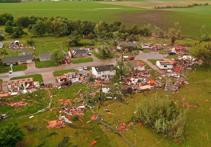 An aerial view of the tornado damage between North 12th road and Sanbury Drive on Thursday, June 11, 2026 in Streator.