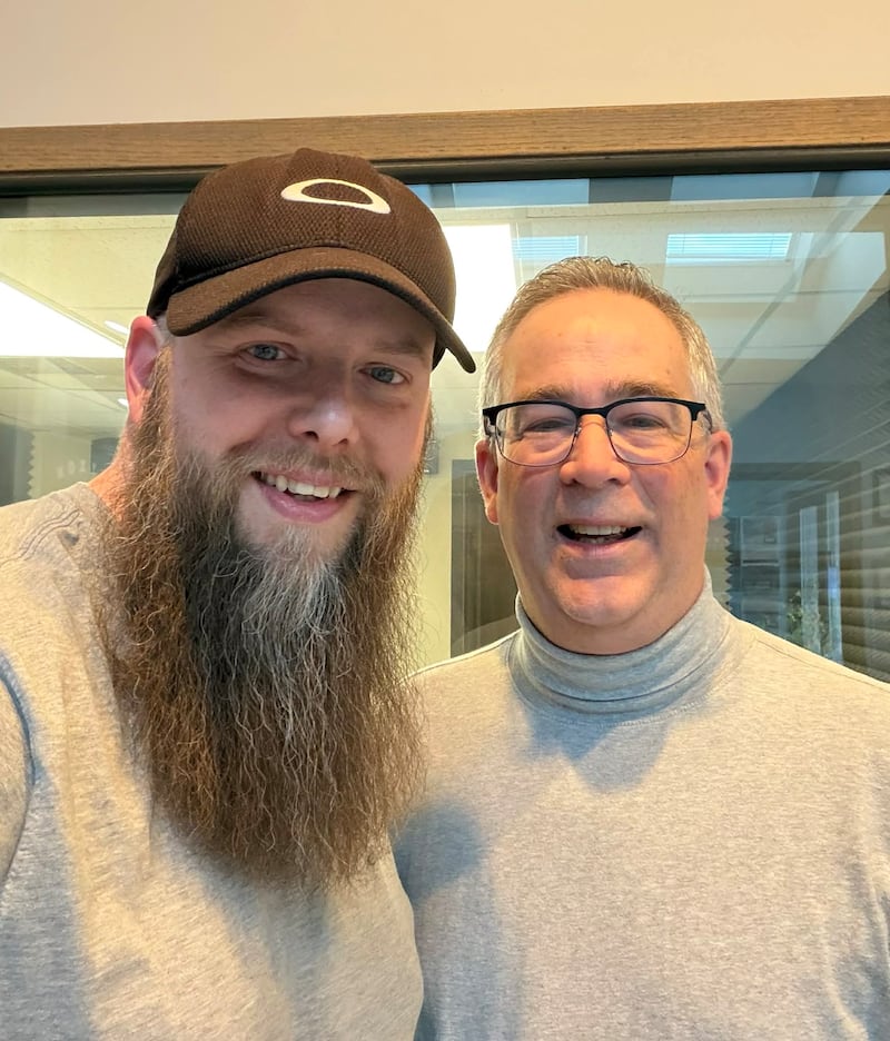 Sinnissippi Centers' Andy Jackson (right) visits the WIXN radio station in Dixon to chat with morning show host and news director Brandon Clark about mental health services on Talk Line.