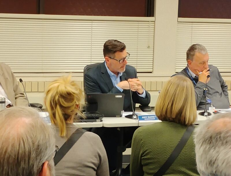 Geneva District 304 Superintendent Andrew Barrett discusses the capacity analysis at the school board meeting Monday, March 10.