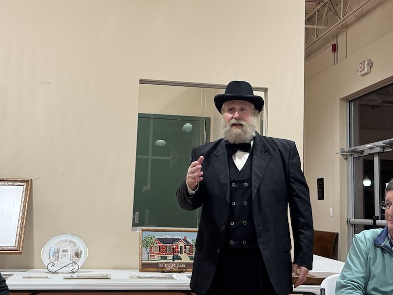 Terry Lynch, performing as Andrew Carnegie, at the Wesley Center in Morris on Tuesday, Oct. 28, 2025.
