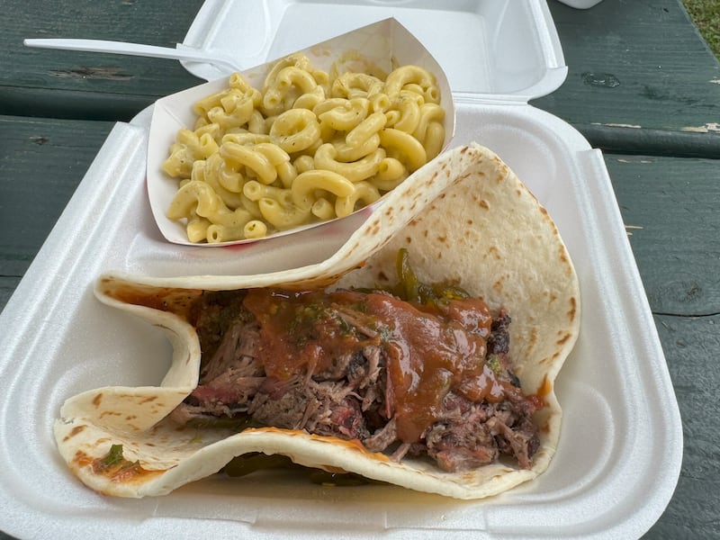 A brisket taco and macaroni & cheese purchased at Rhythm & BBQ Fest 2024 on Saturday, June 15, 2024.
