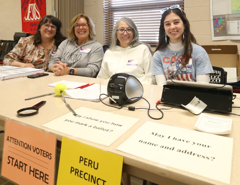 Election judges (from left) Tammy Samek, Tracy Jefferson, Anita Salazar and Grace Irwin pose for a photo on Tuesday, March 19, 2024 at St. John's Lutheran Church in Peru.