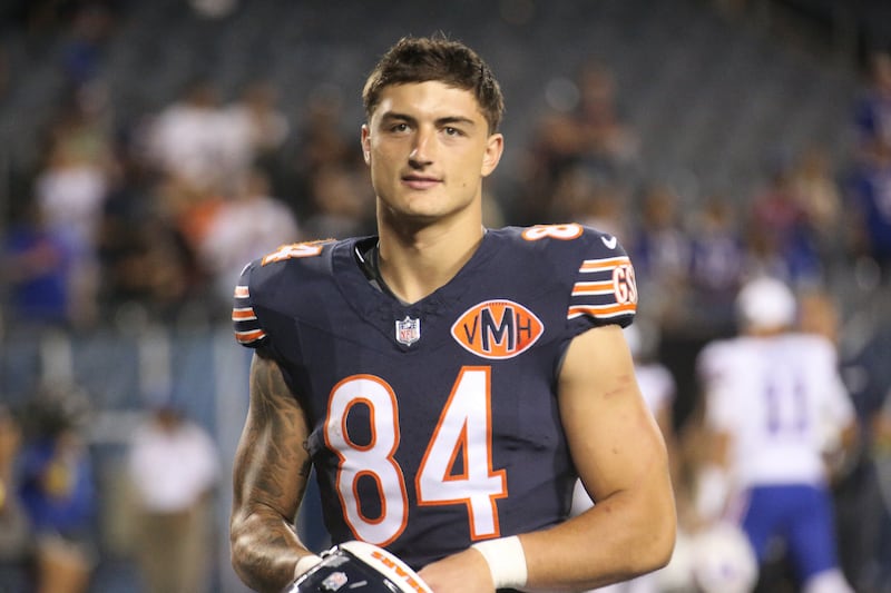 Chicago Bears tight end Colston Loveland walks off the field on Sunday, Aug. 17, 2025 at Soldier Field in Chicago.