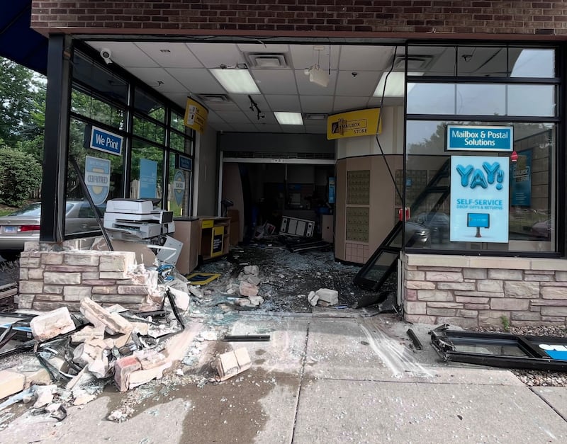 The destroyed storefront to The UPS Store, 1131 W. Jefferson St., Shorewood, seen on Monday, June 8, 2026.
