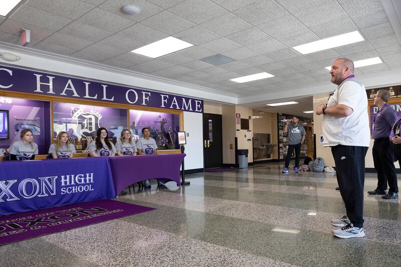 Dixon principal Jared Shaner speaks to 10 future teachers Tuesday, May 6, 2025, during a national future teacher signing day at DHS. Shaner thanked the students for their commitment to education and fill much needed gaps in teacher shortages.