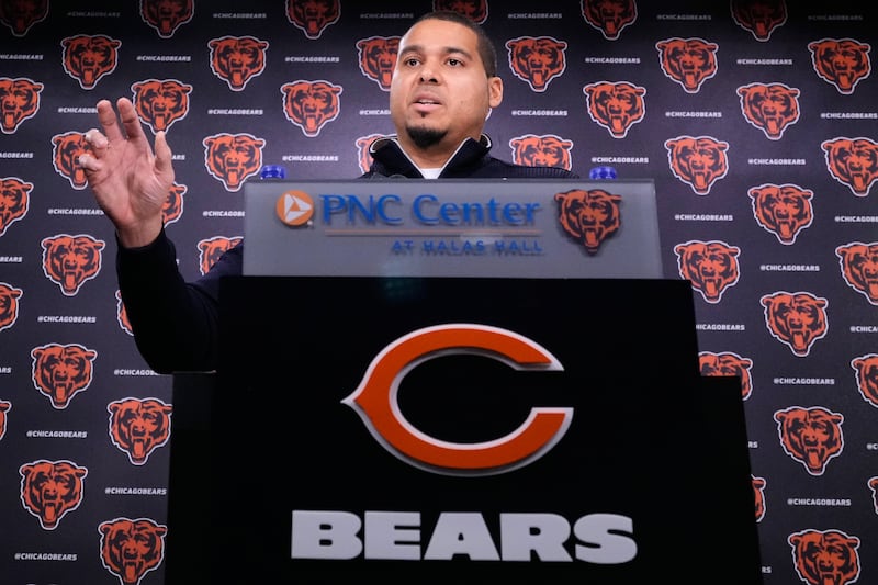 Chicago Bears general manager Ryan Poles talks to media at a news conference in Lake Forest, Ill., Wednesday, Jan. 21, 2026. (AP Photo/Nam Y. Huh)