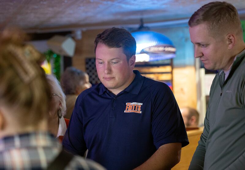 74th district incumbent Brad Fritts (left) and Tom Demmer look over the numbers for race Tuesday, Nov. 5, 2024. Fritts is facing off against Democrat David Simpson.
