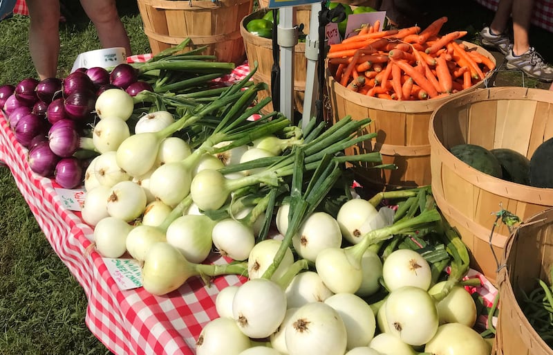 Various vegetables are displayed for sale at a farmers market. Signing up for a Community-Supported Agriculture program means getting a box of produce from local farms every week or two. It’s a great way to take advantage of summer’s bounty, discover new fruits and vegetables, and support the folks who grow food in your area.