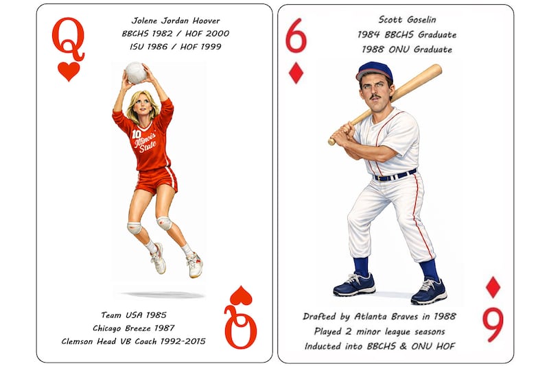 Samples of the playing cards of Kankakee area professionals that Bourbonnais resident Donnie Daugherty is currently working on.