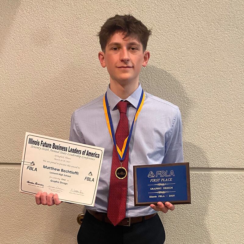 Lemont High School senior Matthew Bechtlofft earned his first state championship in the Graphic Design competition at the Future Business Leaders of America State Leadership Conference on March 29, 2025, in Springfield.