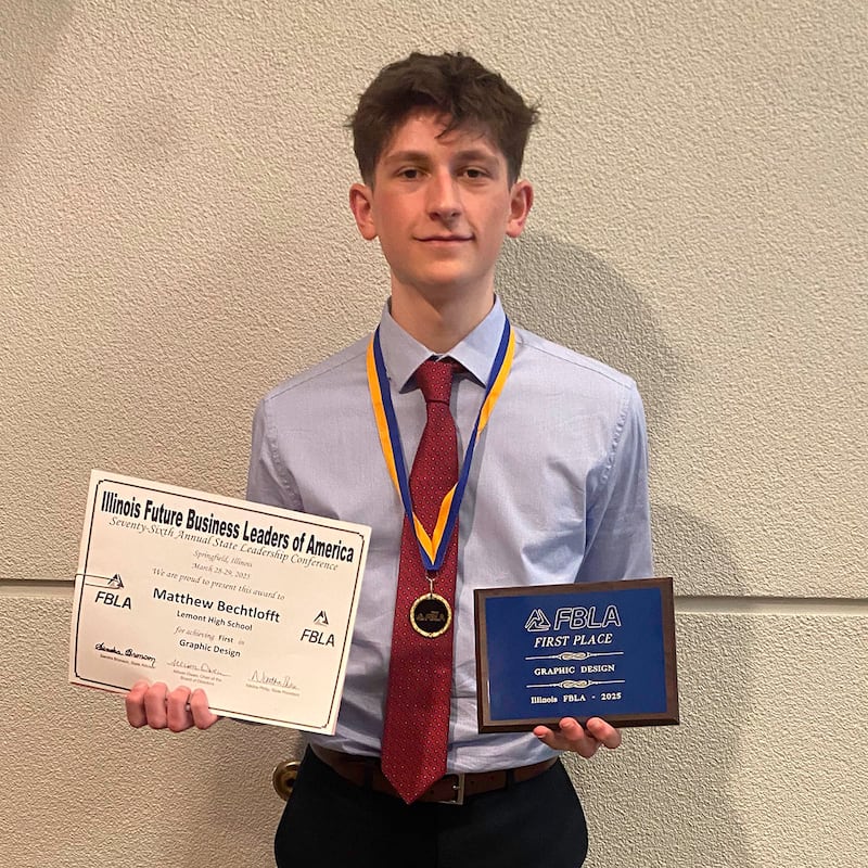 Lemont High School senior Matthew Bechtlofft earned his first state championship in the Graphic Design competition at the Future Business Leaders of America State Leadership Conference on March 29, 2025, in Springfield.