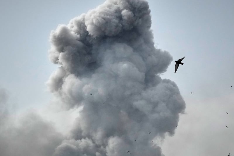 A bird flies by a plume of smoke rising after a strike in Tehran, Iran, Monday, March 2, 2026. (AP Photo/Vahid Salemi)
