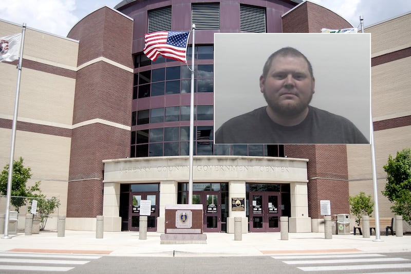 Donald J. Peters, 34, of Cary, who works at Westfield Community School in Algonquin, a Community Unit School District 300 was arrested Tuesday and charged with two Class X felony counts of solicitation and reproduction or distribution of child pornography. (Inset photo provided by Algonquin Police Department)