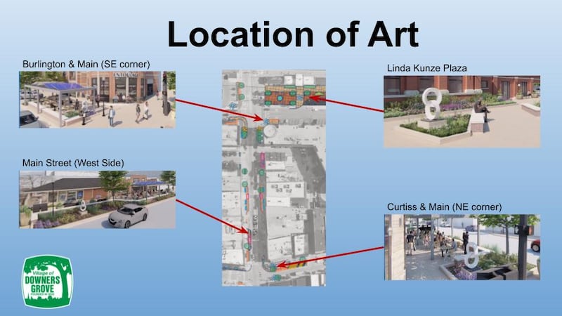 Downers Grove's plan for the addition of public art in the downtown area features Linda Kunze Plaza and three other locations.