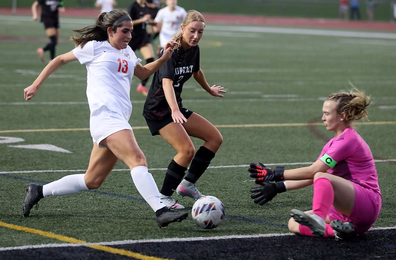 Crystal Lake Central's Jordin Gaunaurd (left) tries to take a shot on goal as Huntley's Ashlyn Grabs (right) goes to grab the ball as Huntley's Sophie Virgilio (center) tries to help get the ball out of the box during a Fox Valley Conference soccer match on Tuesday, April 14, 2026, at Huntley High School.
