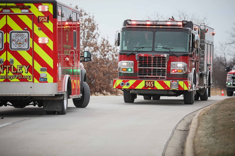 Two cars collided on Thursday, Feb. 12, 2026, inside Sun City Huntley, leaving one vehicle on the edge of a pond.