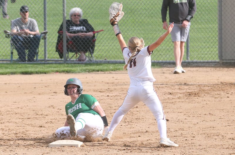Seneca's Brynlee Hunt steals second base as Ottawa's Rylee Harsted catches the ball at the bag on Friday, May 2, 2025 at Ottawa High School.