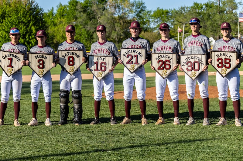 Lockport's Seniors take a photo during the Senior Night celebration before the game against Joliet Catholic Academy at Ed Flink Field on May 8, 2025.