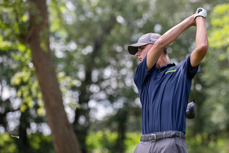 Mason Hubbard of Emerald Hill tees off on #9 Saturday, July 19, 2025, during the 103rd Annual Lincoln Highway Men’s Golf Tournament.