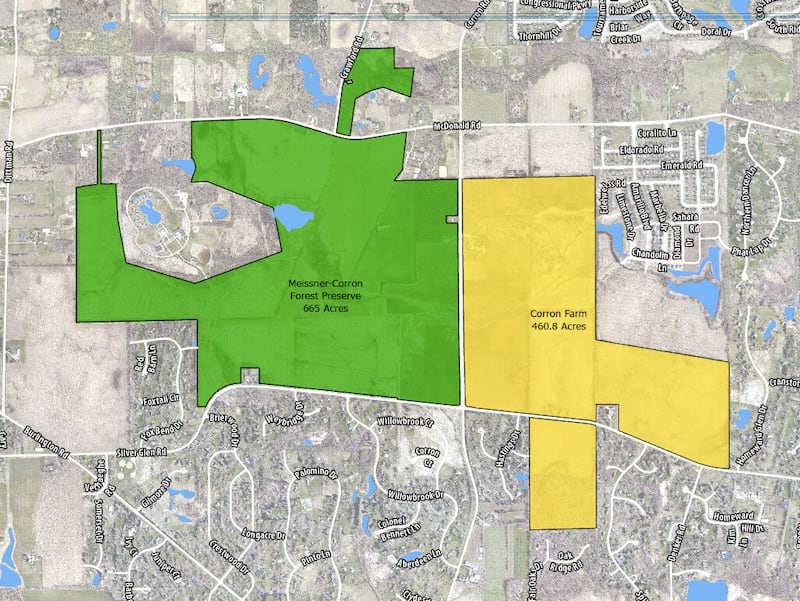 The Meissner-Corron Forest Preserve in Kane County abuts Campton Township Open Space's Corron Farm. The two areas togethter protect 1,126 acres of open space. The Forest Preserve District invested $947,965 in the 44.45-acre addition. A $190,000 acquisition grant from the Prairie State Conservation Coalition will offset that amount.