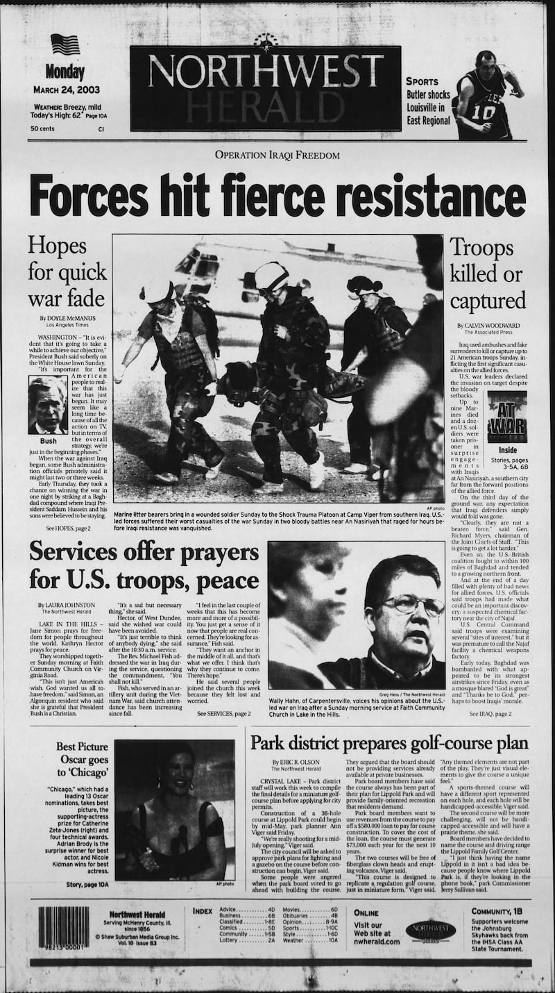 The cover of the Northwest Herald for March 24, 2003