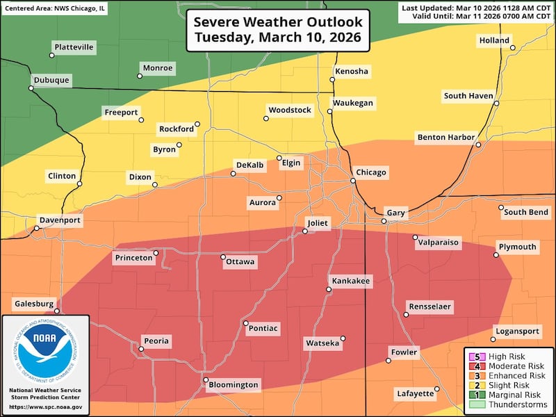 A map from the NOAA Storm Prediction Center shows areas of the Illinois Valley under heightened severe weather risk Tuesday, with a level 4/5 (Moderate Risk) in red south of I-80 and a level 3/5 (Enhanced Risk) just to the north.