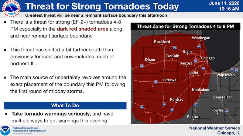 Northern Illinois faces a risk of tornadoes Thursday, June 11, 2026.