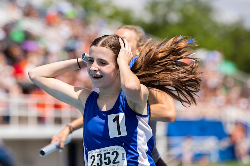 St. Francis’ Erin Hinsdale reacts to her team’s time in the Class 2A 4x800 Saturday, May 18, 2024 at the IHSA girls state track meet in Charleston.
