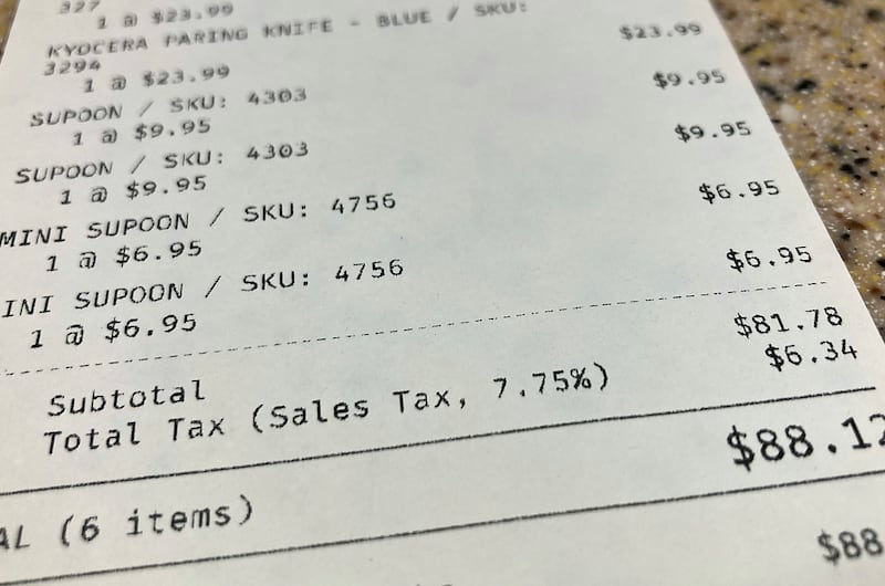 The sales line on a receipt on Thursday, Nov. 30. 2023, at Kitchen Outfitters in Crystal Lake.