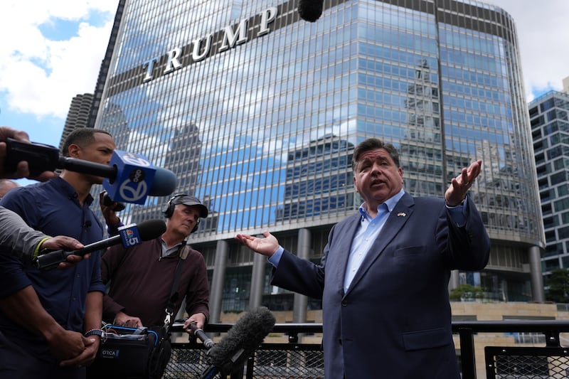 Illinois Governor JB Pritzker speaks at a news conference in a Chicago water taxi Monday, August. 25, 2025, in Chicago. (AP Photo/Nam Y. Huh)