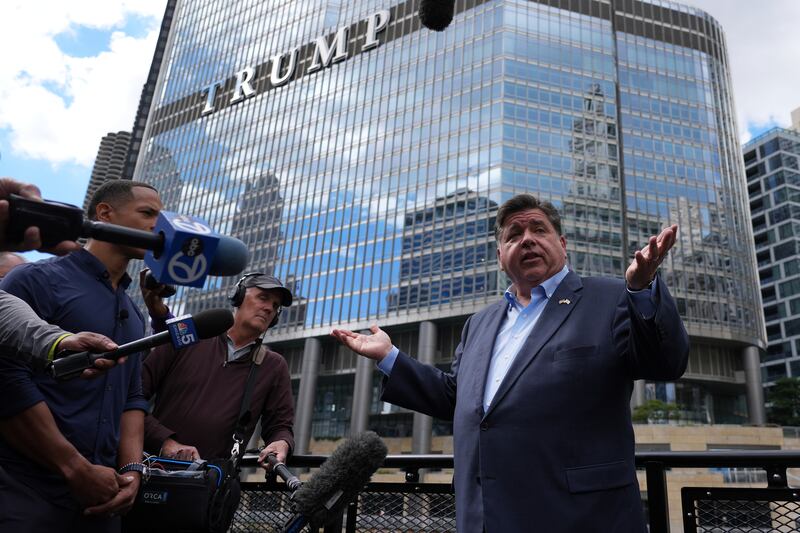 Illinois Governor JB Pritzker speaks at a news conference in a Chicago water taxi Monday, August. 25, 2025, in Chicago. (AP Photo/Nam Y. Huh)