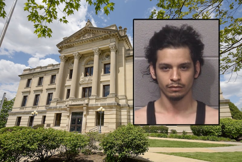 Amias Montoya, of DeKalb, was charged May 11, 2026, with aggravated criminal sexual abuse, possession of materials depicting child sexual abuse, and sexual exploitation of a child, DeKalb County court records show. (Inset photo provided by DeKalb County Jail)