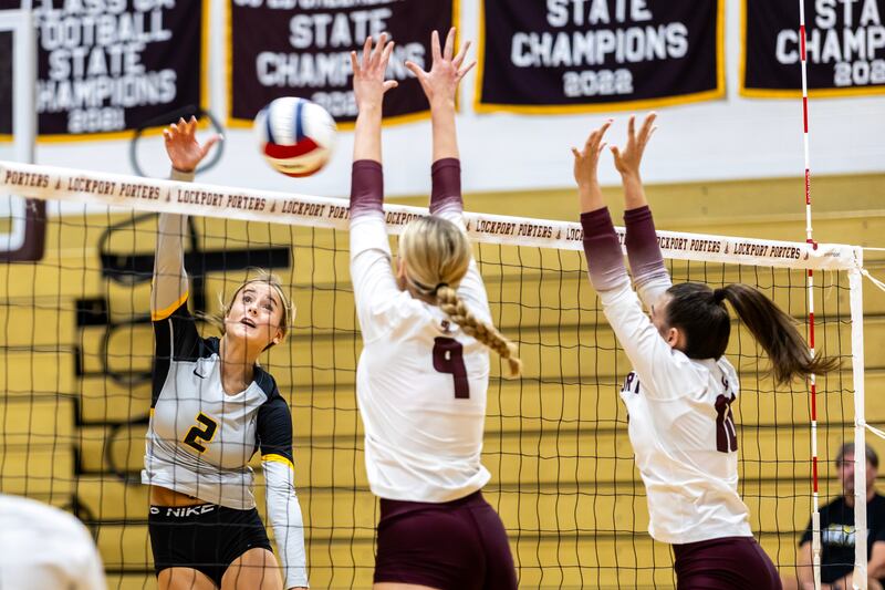 Joliet West's Lexie Grevengoed spikes during a varsity volleyball away game against Lockport on Sept. 17, 2025.